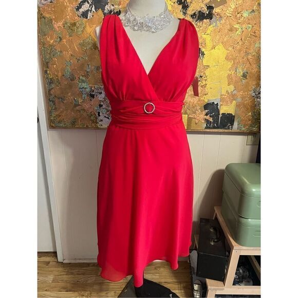 NWT After Six Red “Flame” Chiffon Sleevess V-neck/Back MIDI Gown W/Rhinestone De - Picture 1 of 8